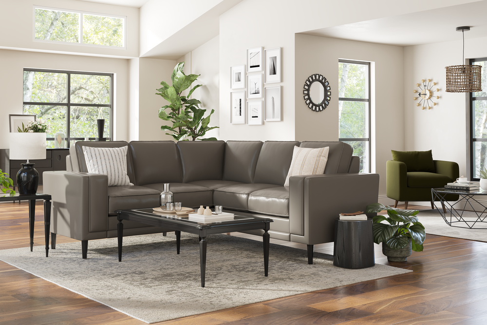 Valencia Scarlett L-Shape Corner Leather Sectional Sofa, Modern Grey