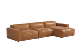 Valencia Nathan Full Aniline Leather Lounge Modular Sofa, Three Seats with Right Chaise, Caramel Brown Color