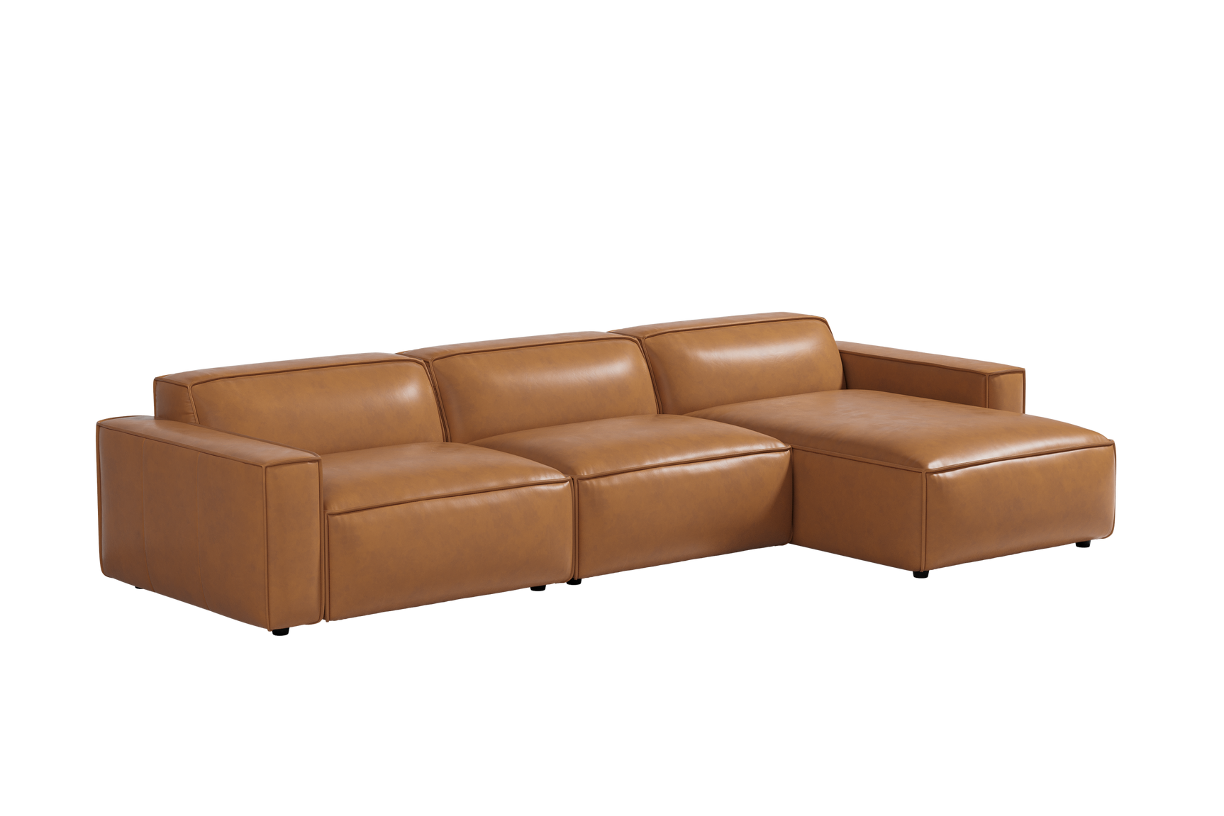 Valencia Nathan Full Aniline Leather Lounge Modular Sofa, Three Seats with Right Chaise, Caramel Brown Color