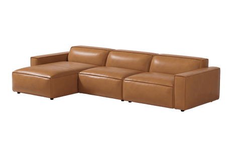 Valencia Nathan Full Aniline Leather Lounge Modular Sofa, Three Seats With Left Chaise, Caramel Brown Color