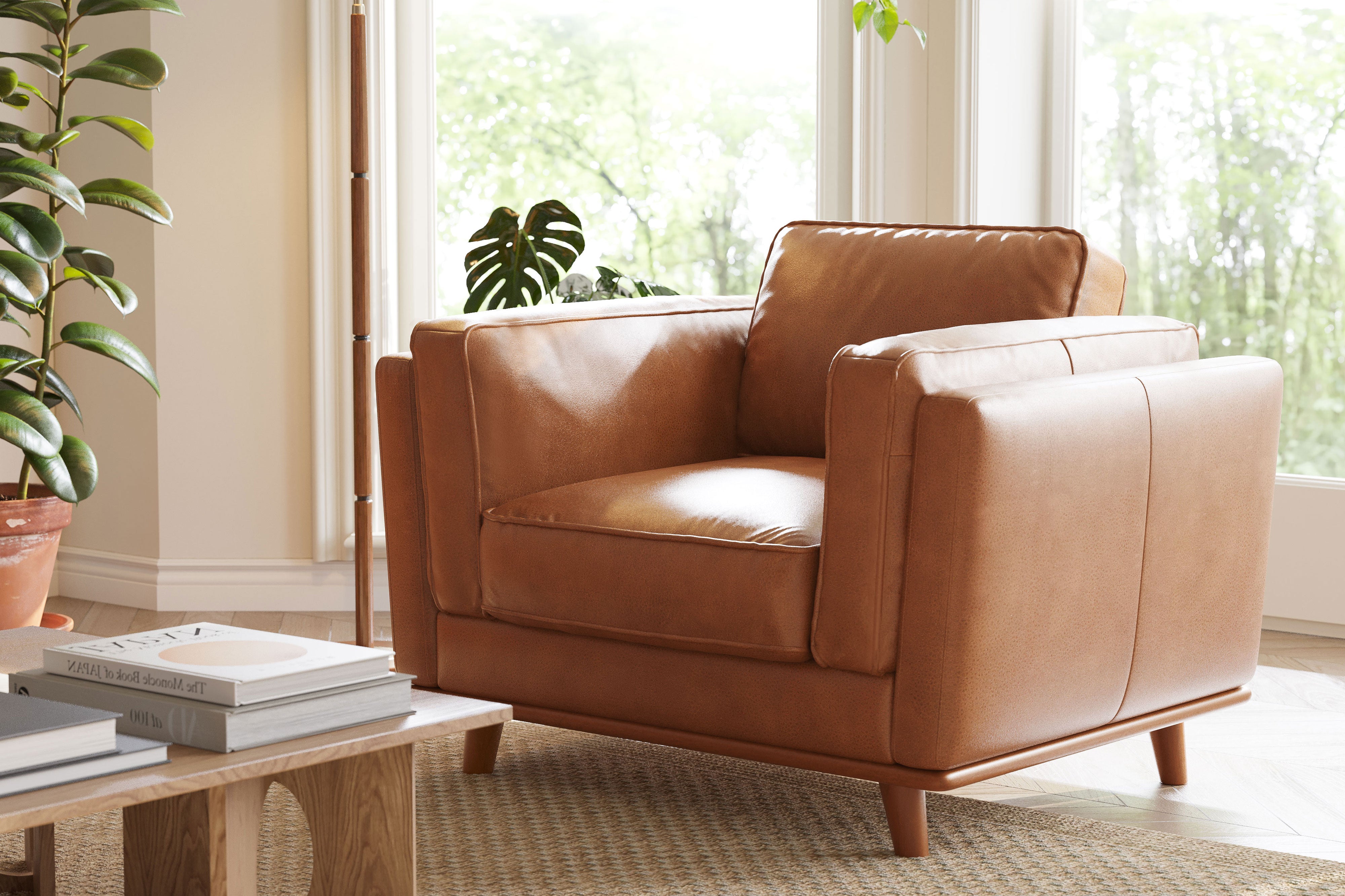 Brown leather accent chair shop with ottoman