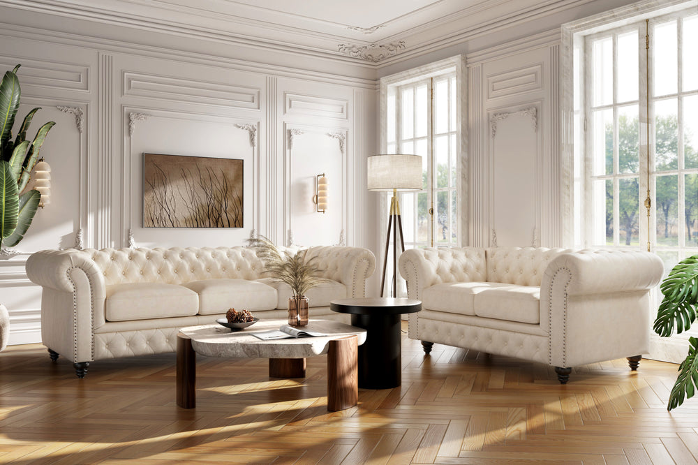 Valencia Parma 82" Full Aniline Leather Chesterfield Three Seats Sofa, Antique White Color