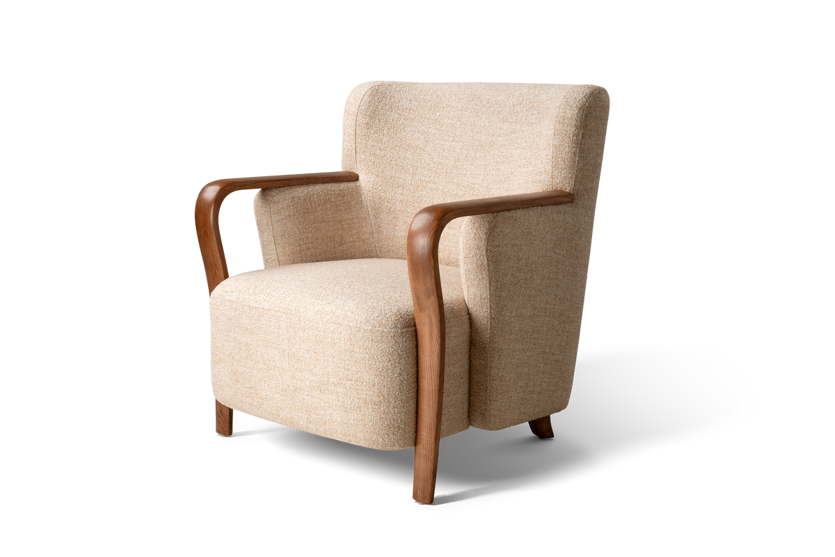 Valencia Emma Fabric Accent Chair with Walnut Wood Armrest, Beige