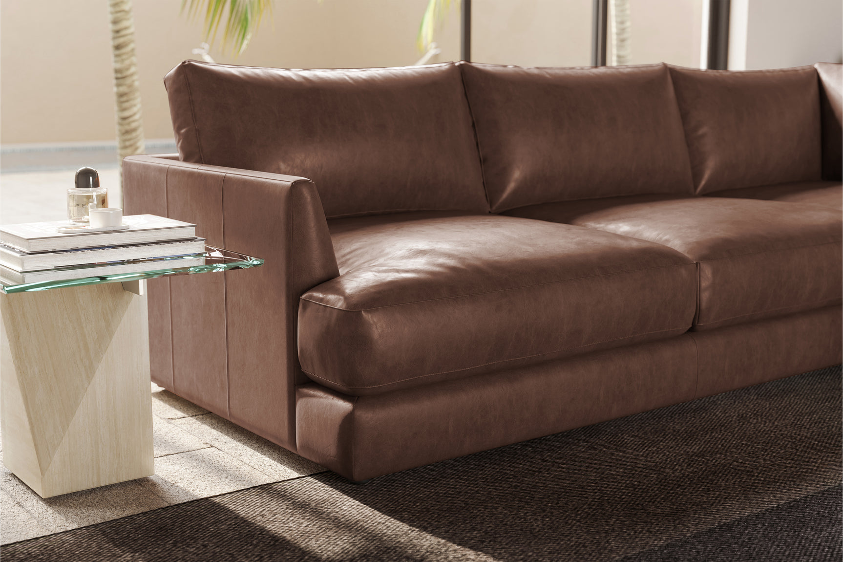 Valencia Serena Leather L-shape with Right Chaise Sectional Sofa, Brown
