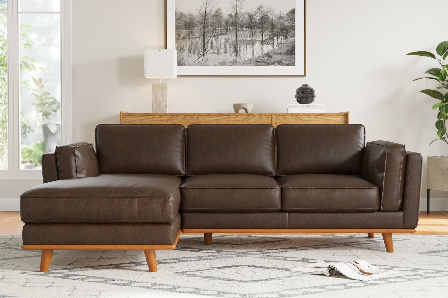 Valencia Artisan Top Grain Three Seats with Left Hand Chaise Leather Sofa, Chocolate Color