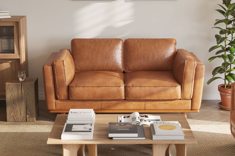 Valencia Artisan Top Grain Leather Loveseat Sofa, Cognac Color