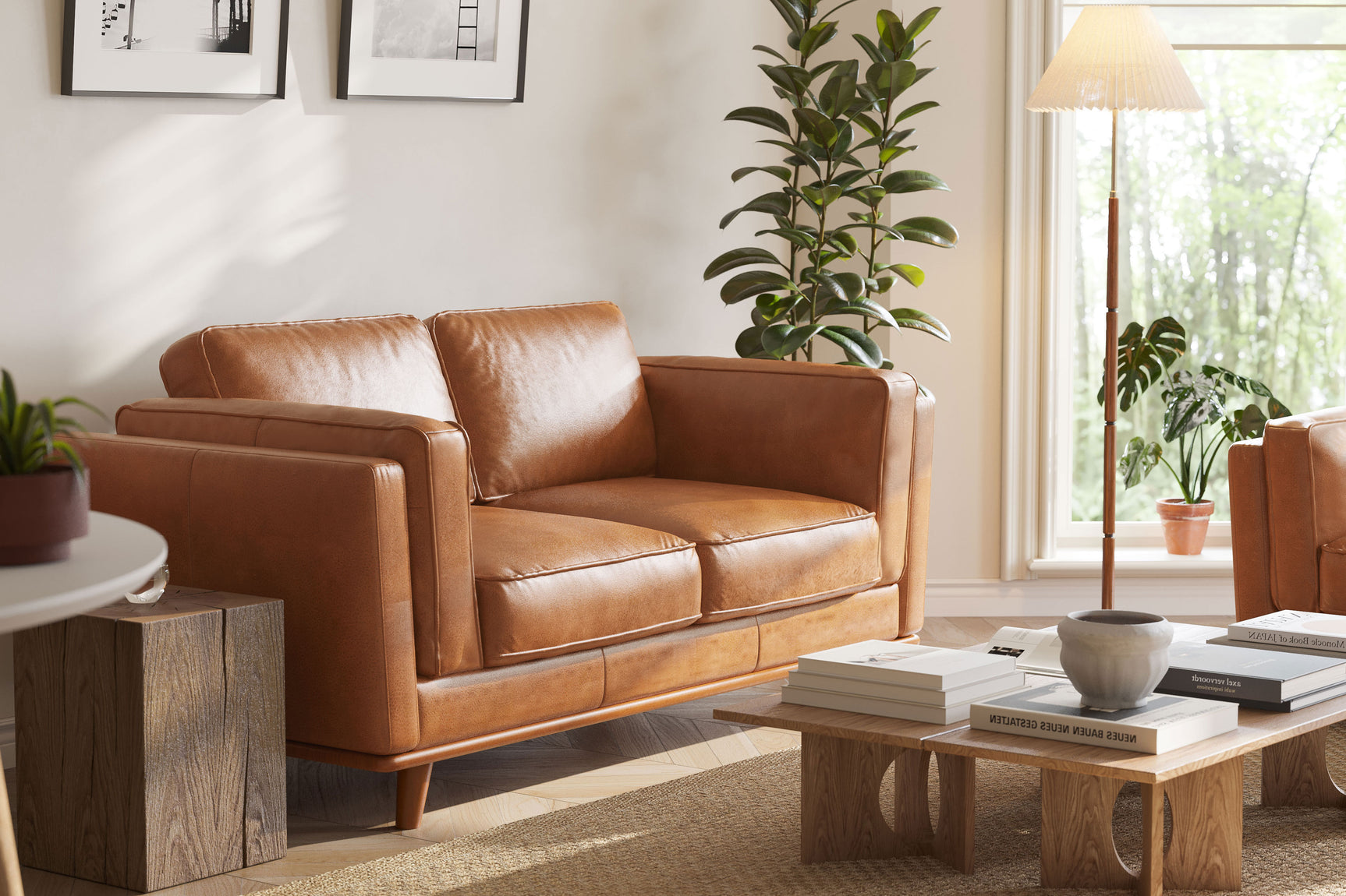 Valencia Artisan Top Grain Leather Loveseat Sofa, Cognac Color