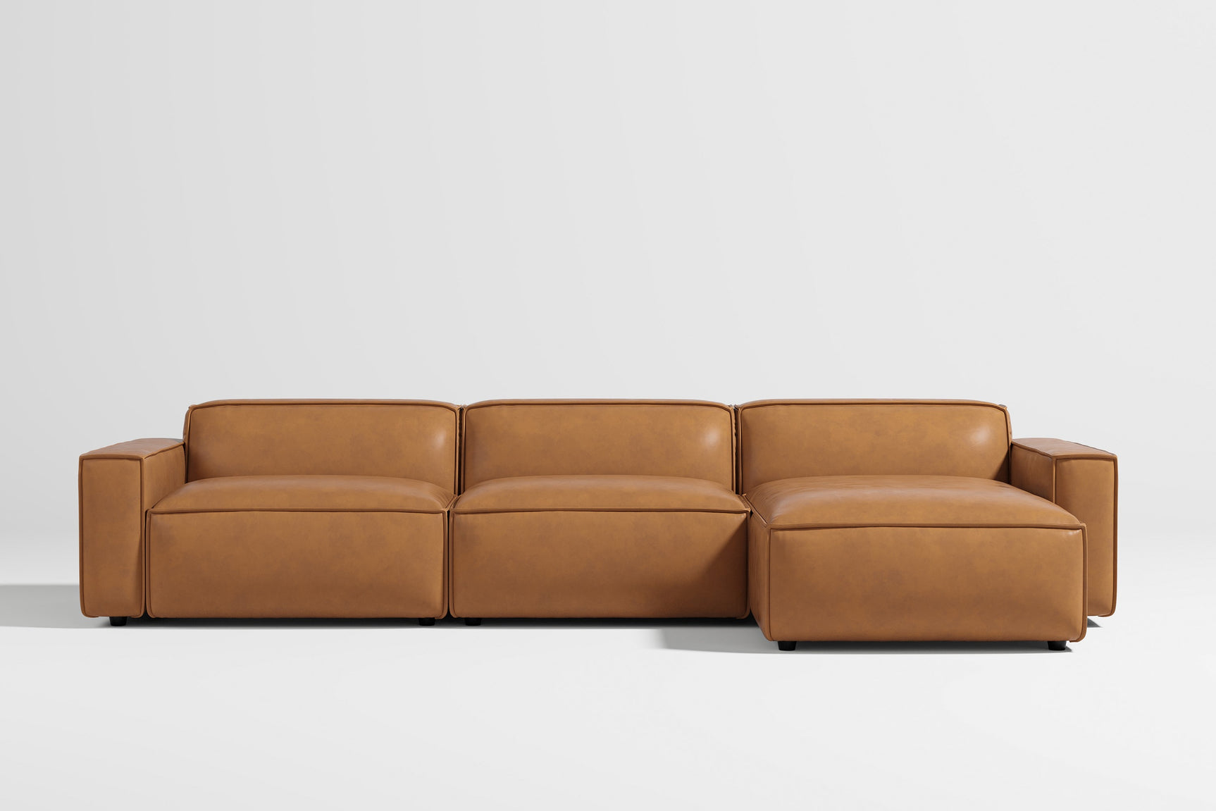 Valencia Nathan Full Aniline Leather Lounge Modular Sofa, Three Seats with Right Chaise, Caramel Brown Color