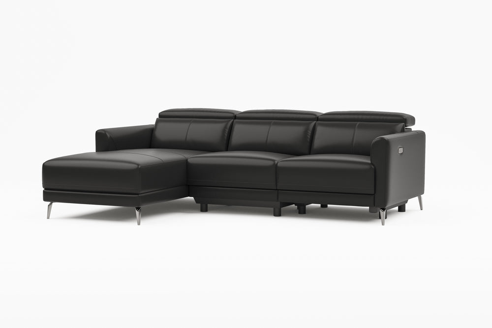 Valencia Andria Modern Left Hand Facing Top Grain Leather Reclining Sectional Sofa, Black Color