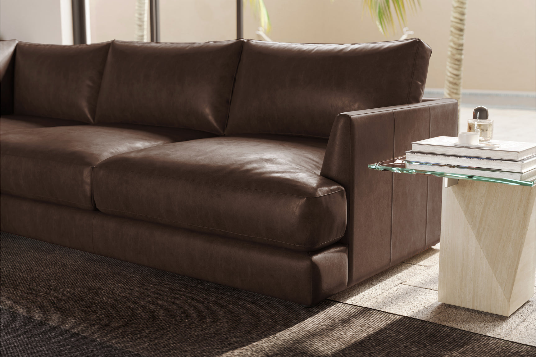 Valencia Serena Leather L-shape with Left Chaise Sectional Sofa, Brown