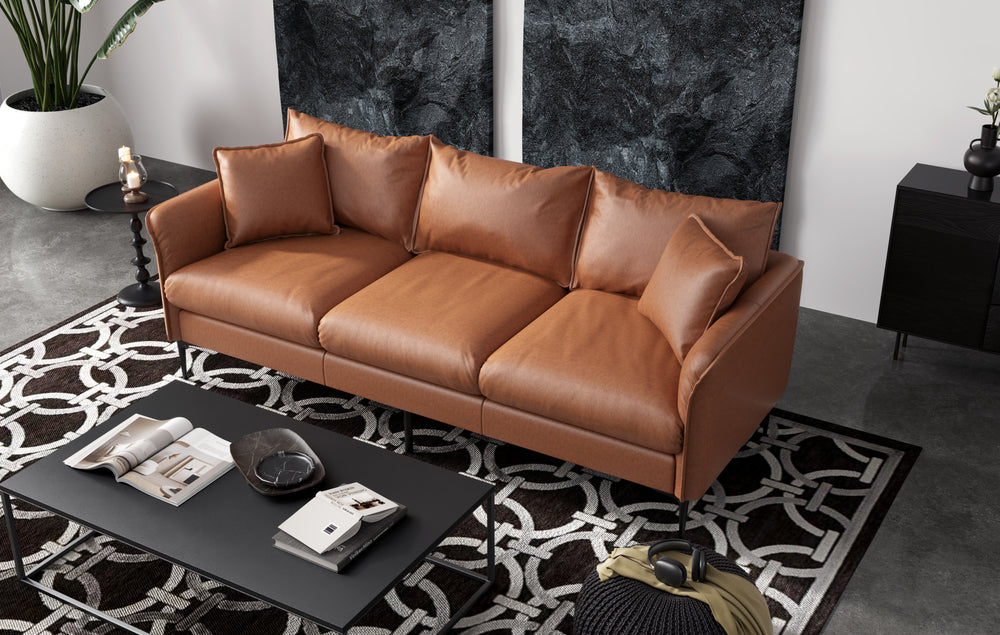 Valencia Jasper Leather Contemporary Three Seats Sofa, Cognac Color