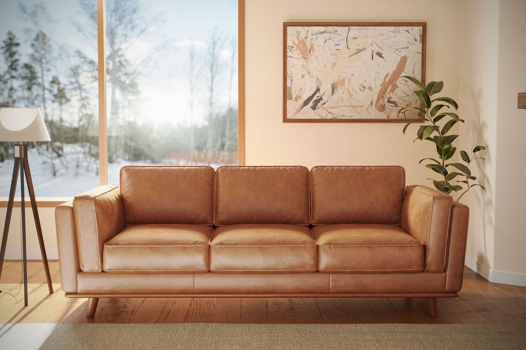 Valencia Artisan Wide Three Seats Leather Sofa, Cognac Color