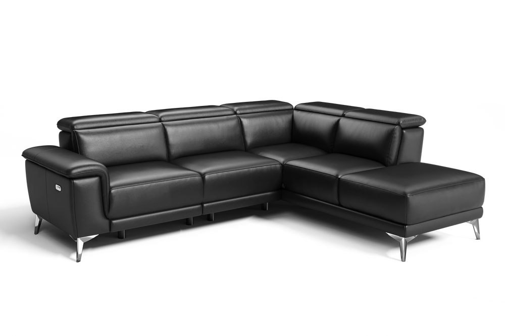 Valencia Pista Modern Top Grain Leather Reclining Sectional Sofa with Right Hand Facing Chaise Black