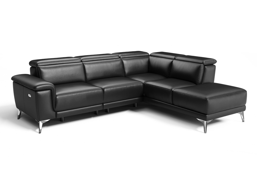 Valencia Pista Modern Top Grain Leather Reclining Sectional Sofa with Right-Hand Facing Chaise, Black