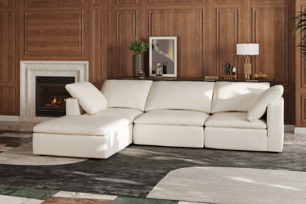 Valencia Claire Full-Aniline Leather Three Seats with Ottoman Cloud Feel Sofa, Beige