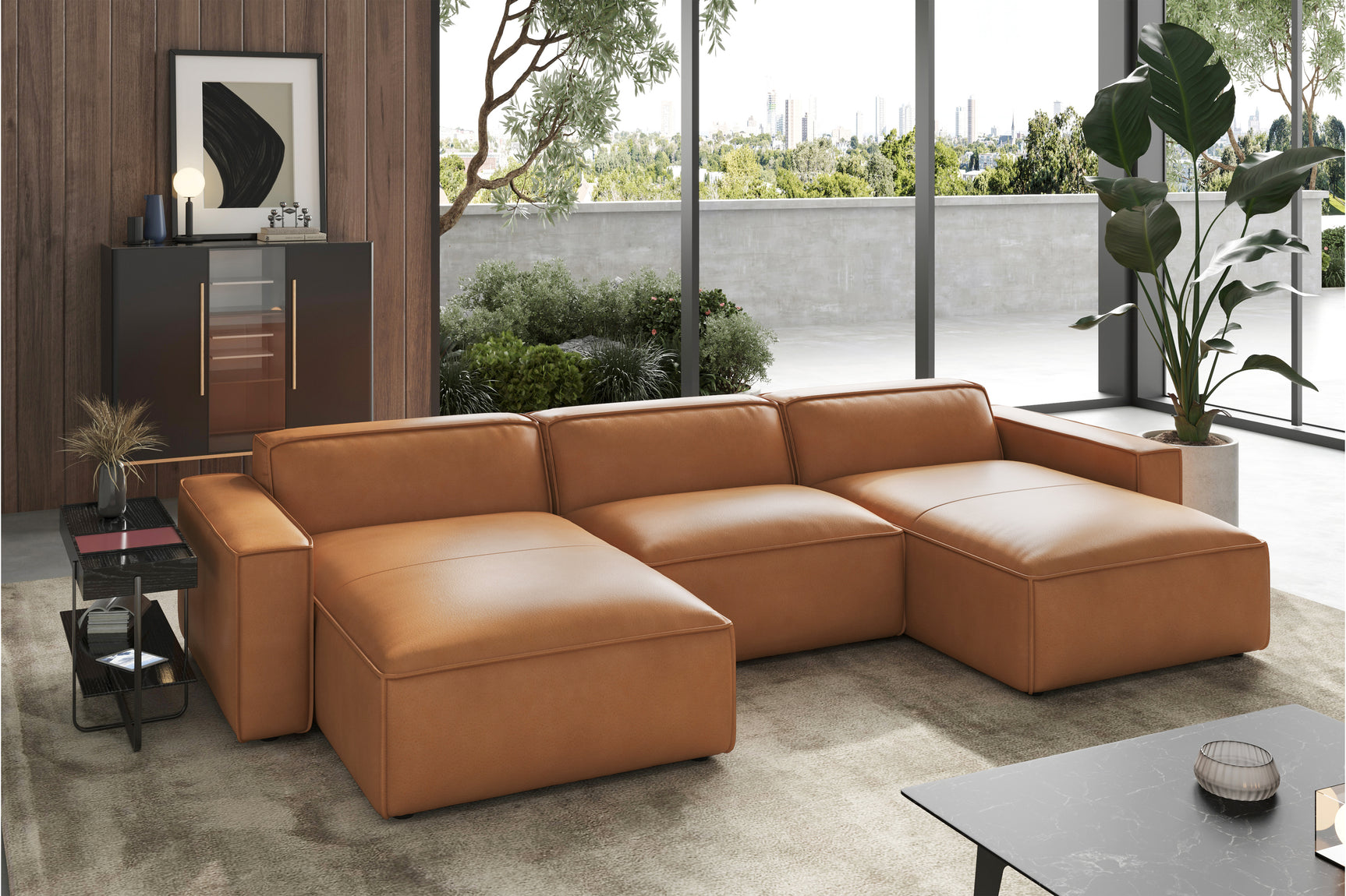 Valencia Nathan Full Aniline Leather Theater Lounge Modular Sofa with Down Feather, Row of 3 with 2 Chaises, Caramel Brown Color