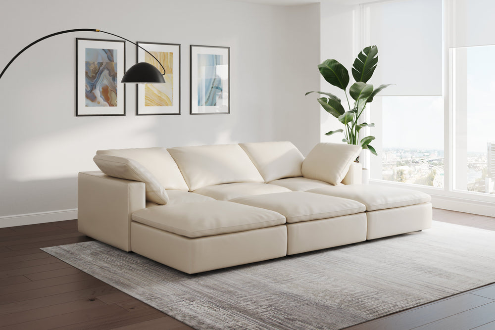 Valencia Claire Full-Aniline Leather Three Seats with 3 Ottomans Cloud Feel Sofa, Beige