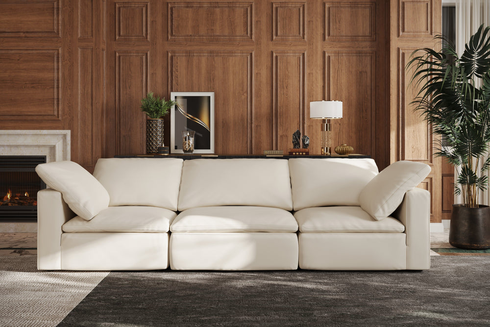 Valencia Claire Full-Aniline Leather Three Seats with 3 Ottomans Cloud Feel Sofa, Beige