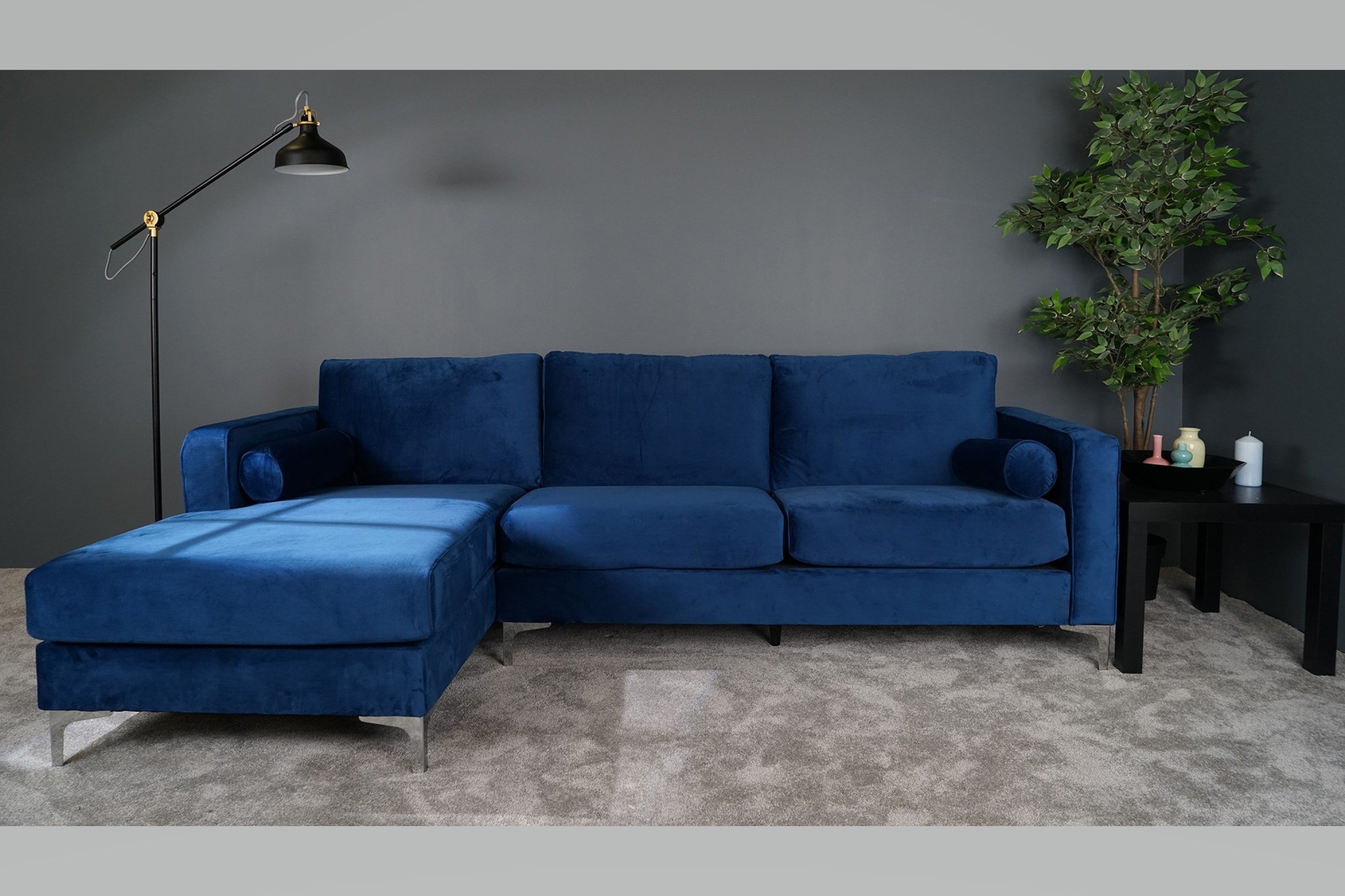 Blue velvet l store shaped sofa