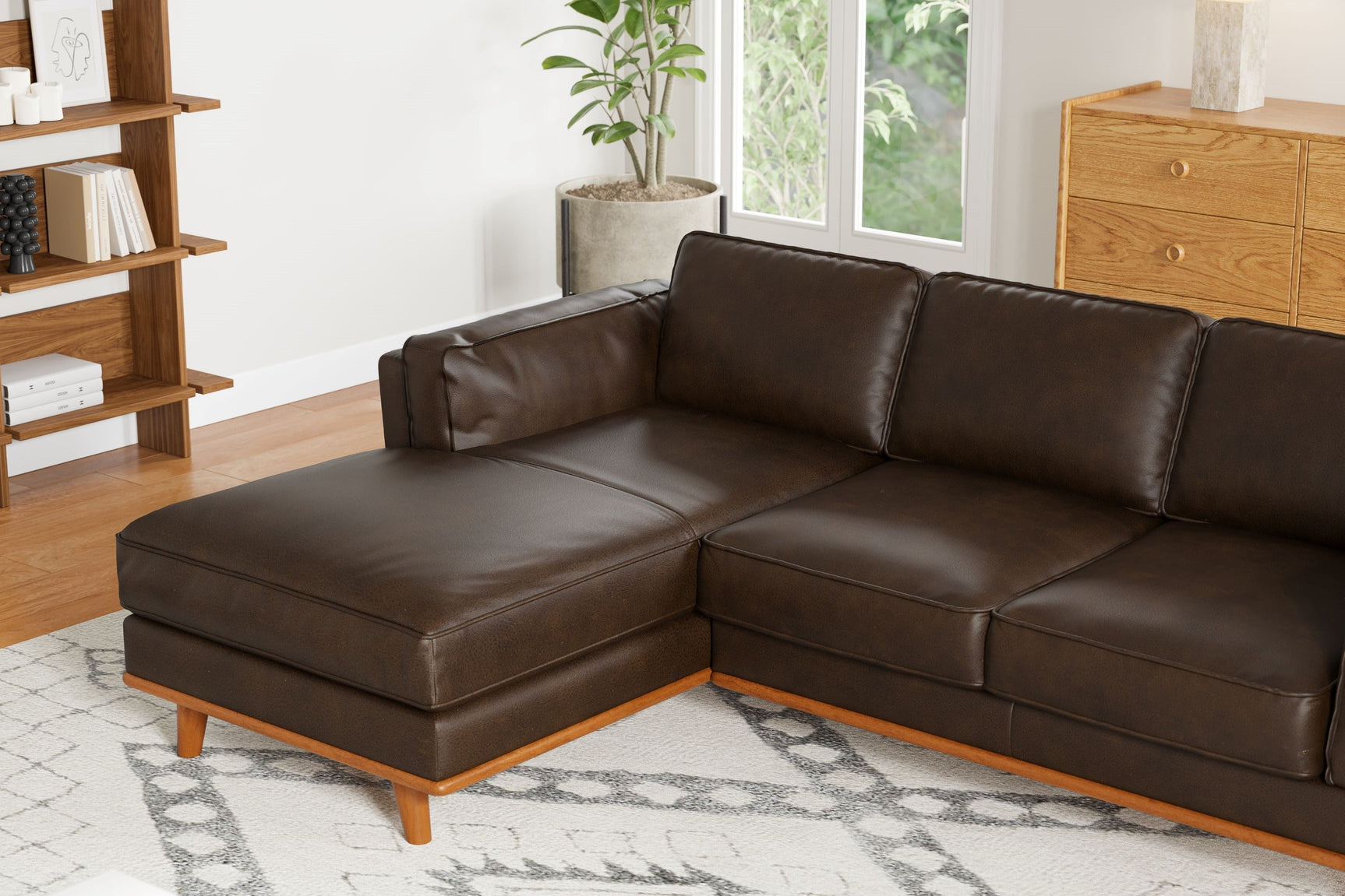 Valencia Artisan Top Grain Three Seats with Left Hand Chaise Leather Sofa, Chocolate Color