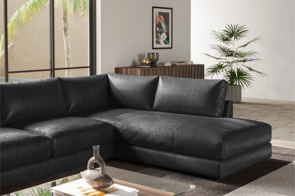 Valencia Serena Leather L-shape with Right Chaise Sectional Sofa, Black