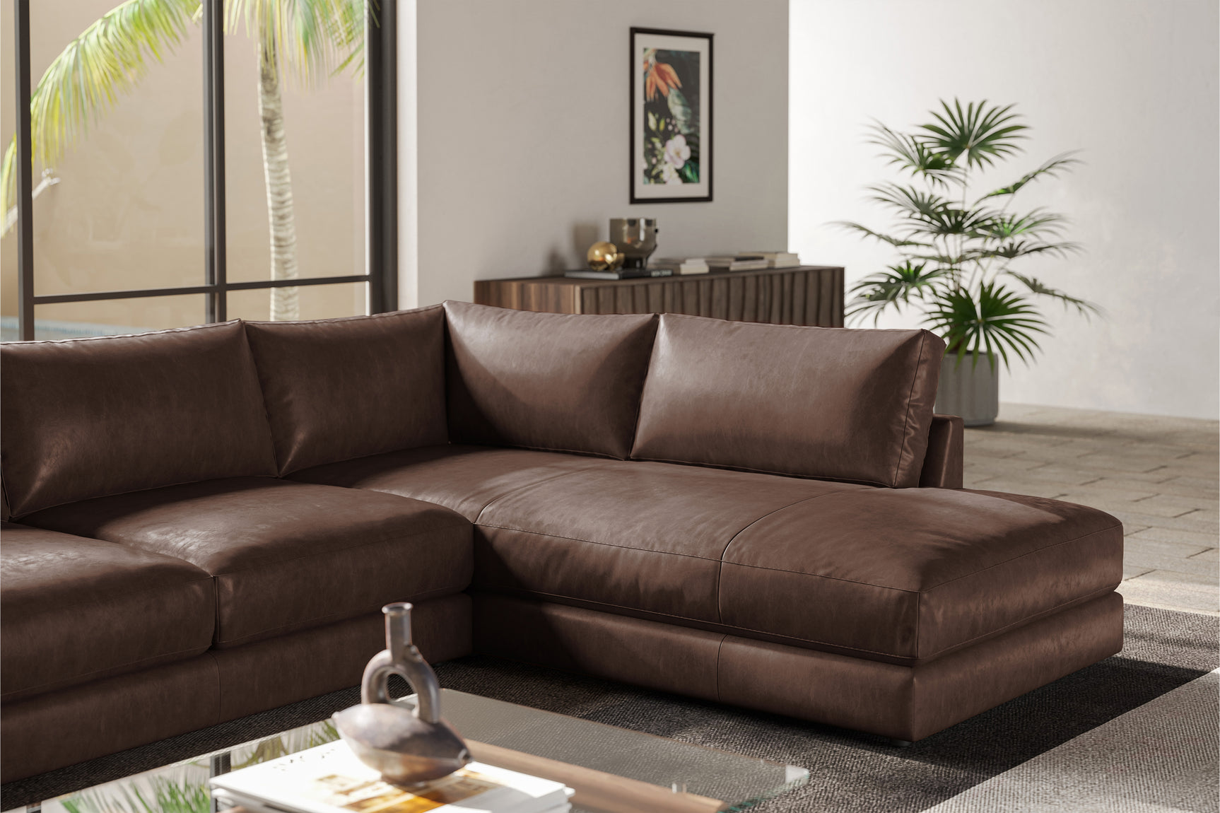 Valencia Serena Leather L-shape with Right Chaise Sectional Sofa, Brown