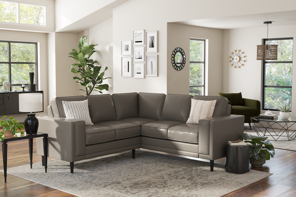 Valencia Scarlett L-Shape Corner Leather Sectional Sofa, Modern Grey