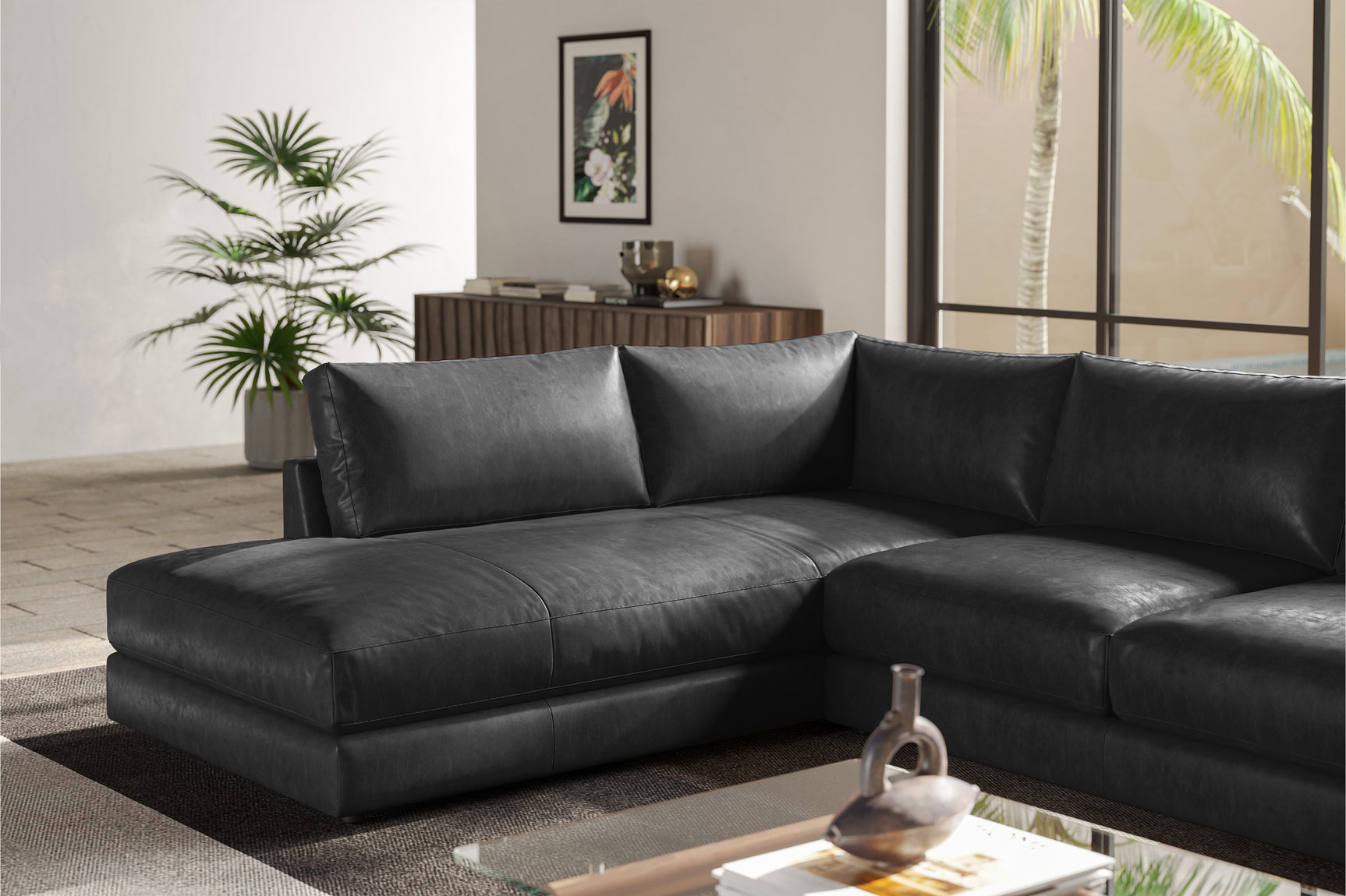 Valencia Serena Leather L-shape with Left Chaise Sectional Sofa, Black