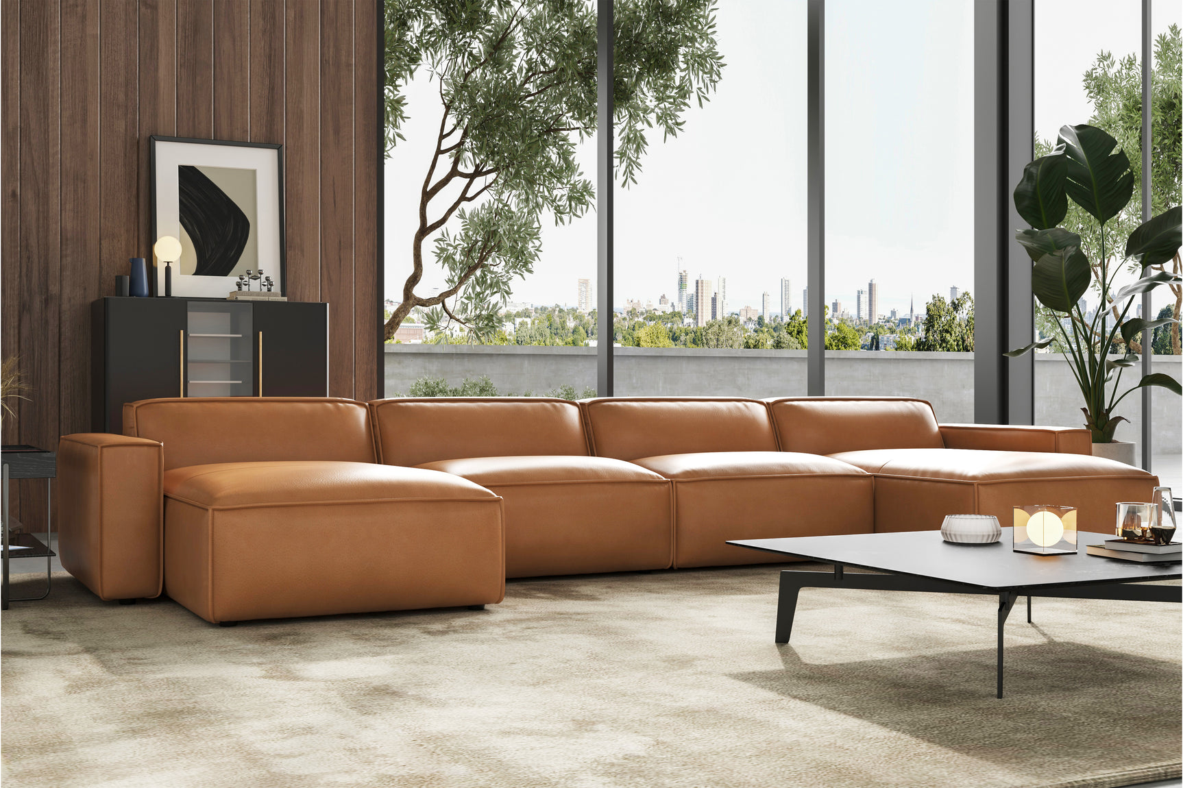 Valencia Nathan Full Aniline Leather Theater Lounge Modular Sofa with Down Feather, Row of 4 with 2 Chaises, Caramel Brown Color