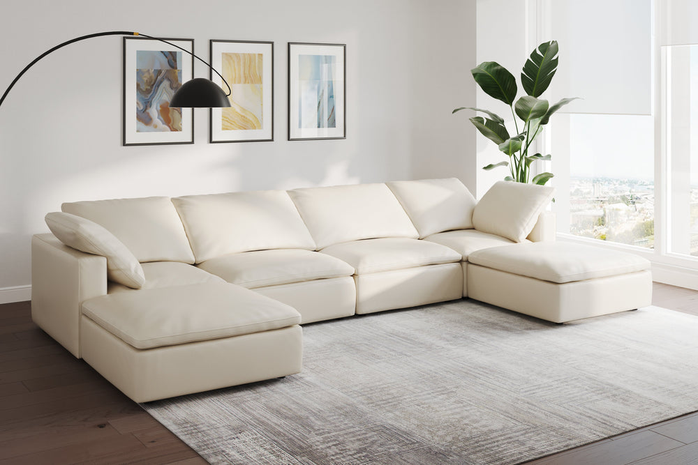 Valencia Claire Full-Aniline Leather Three Seats with Ottoman Cloud Feel Sofa, Beige