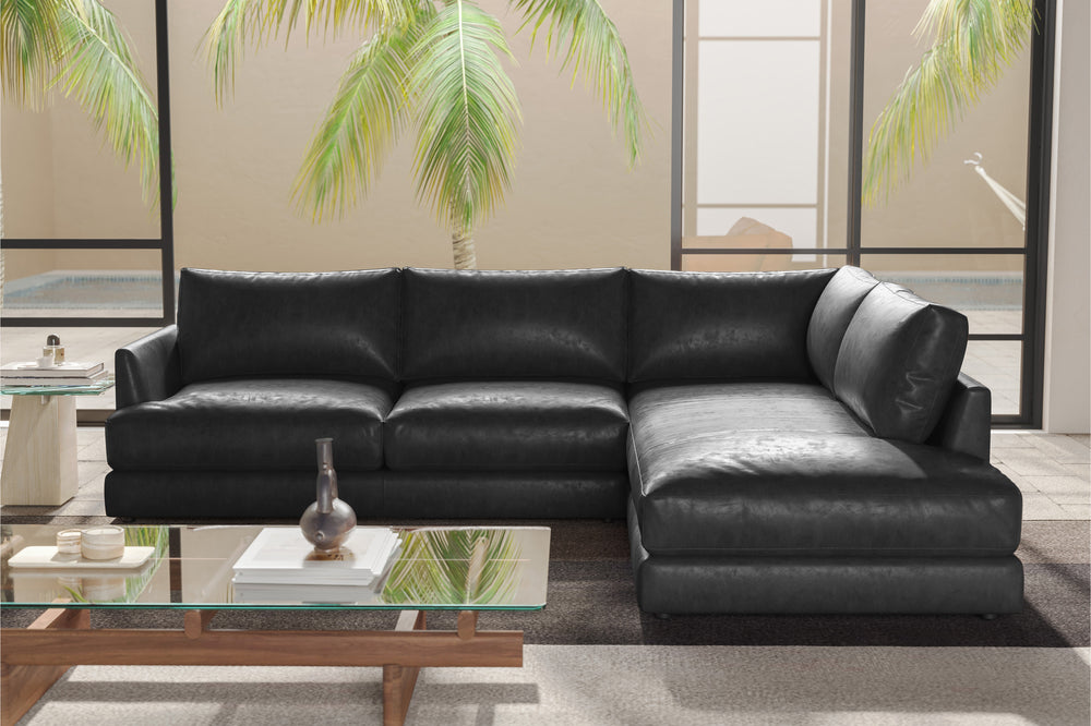 Valencia Serena Leather L-shape with Right Chaise Sectional Sofa, Black