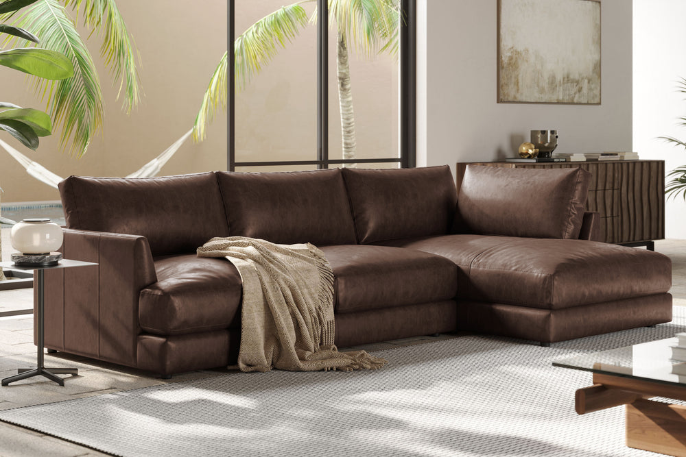 Valencia Serena Leather Three Seats with Right Chaise Sectional Sofa, Brown