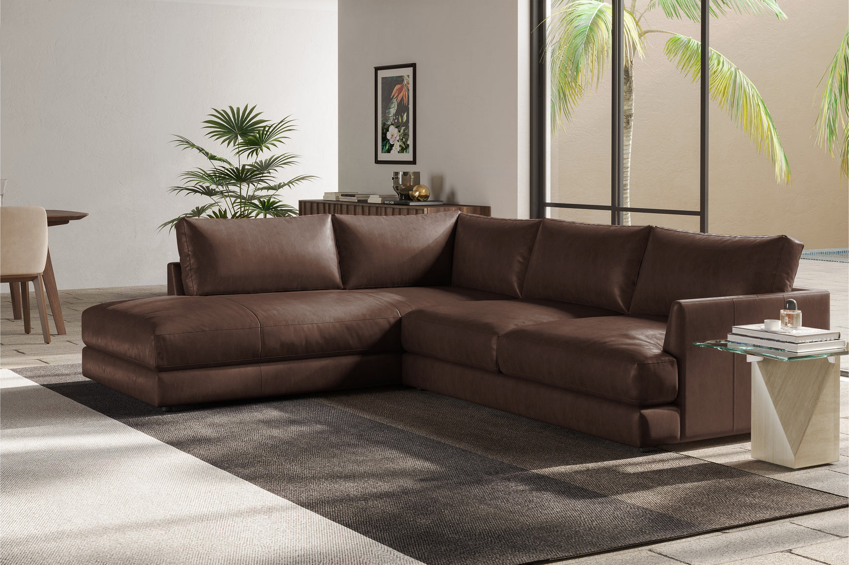 Valencia Serena Leather L-shape with Left Chaise Sectional Sofa, Brown
