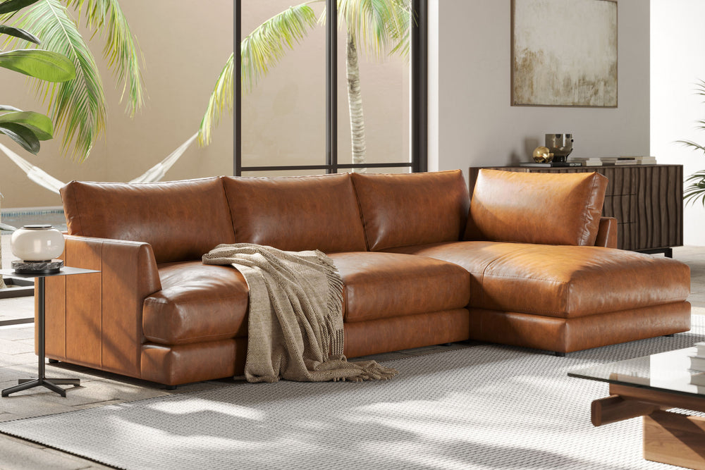 Valencia Serena Leather Three Seats with Right Chaise Sectional Sofa, Cognac