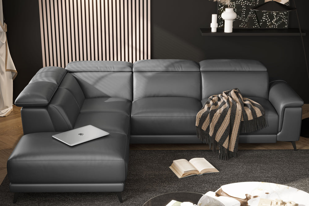 Valencia Pista Modern Top Grain Leather Sectional with Left-hand Facing Chaise, Grey