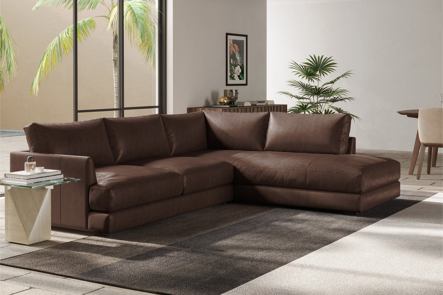 Valencia Serena Leather L-shape with Right Chaise Sectional Sofa, Brown