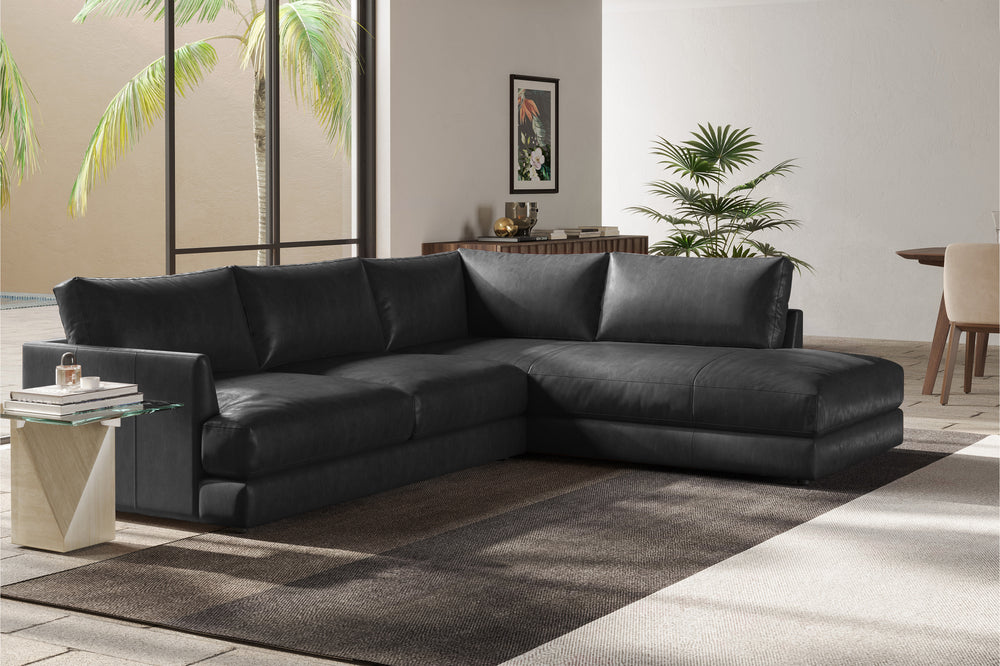 Valencia Serena Leather L-shape with Right Chaise Sectional Sofa, Black