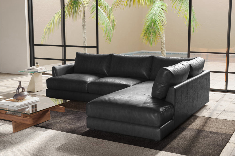 Valencia Serena Leather L-shape with Right Chaise Sectional Sofa, Black