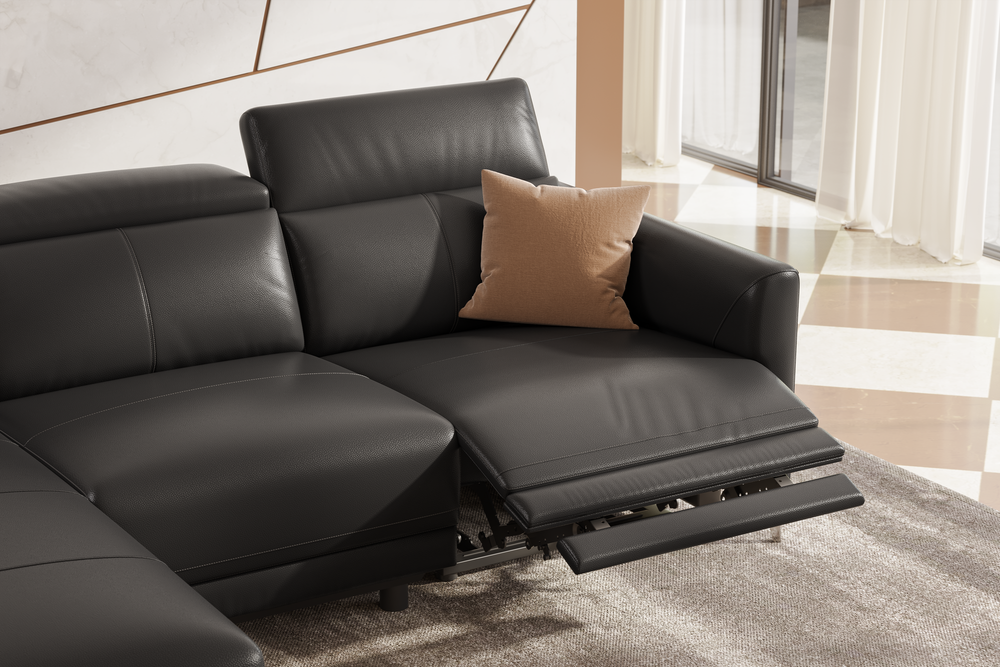 Valencia Andria Modern Left Hand Facing Top Grain Leather Reclining Sectional Sofa, Black Color