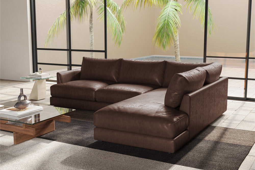 Valencia Serena Leather L-shape with Right Chaise Sectional Sofa, Brown