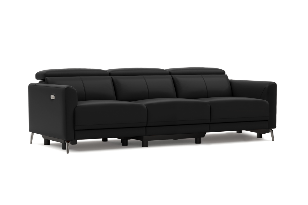 Valencia Andria Modern Top Grain Leather Reclining Sectional Three Seats Sofa, Black Color