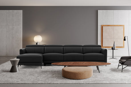 Valencia Andria Modern Top Grain Leather Reclining Sectional Four Seats with Left Chaise Sofa, Black Color