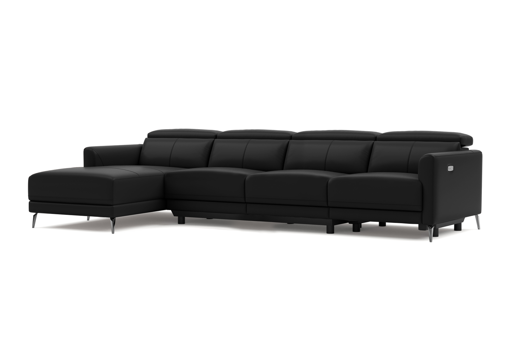 Valencia Andria Modern Top Grain Leather Reclining Sectional Four Seats with Left Chaise Sofa, Black Color
