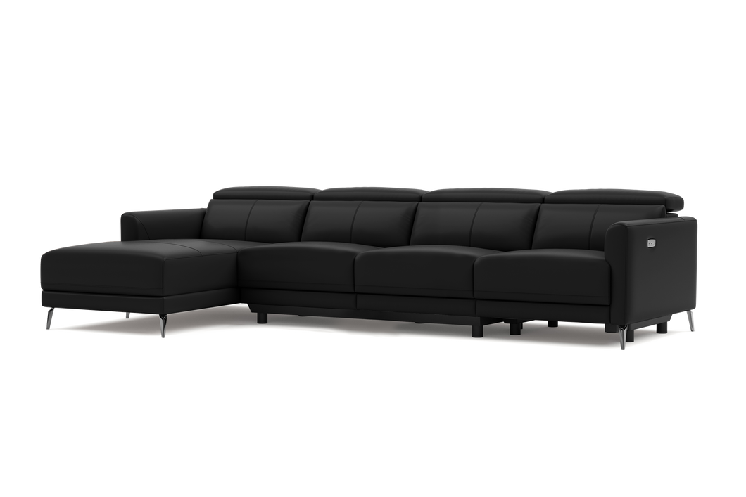Valencia Andria Modern Top Grain Leather Reclining Sectional Four Seats with Left Chaise Sofa, Black Color