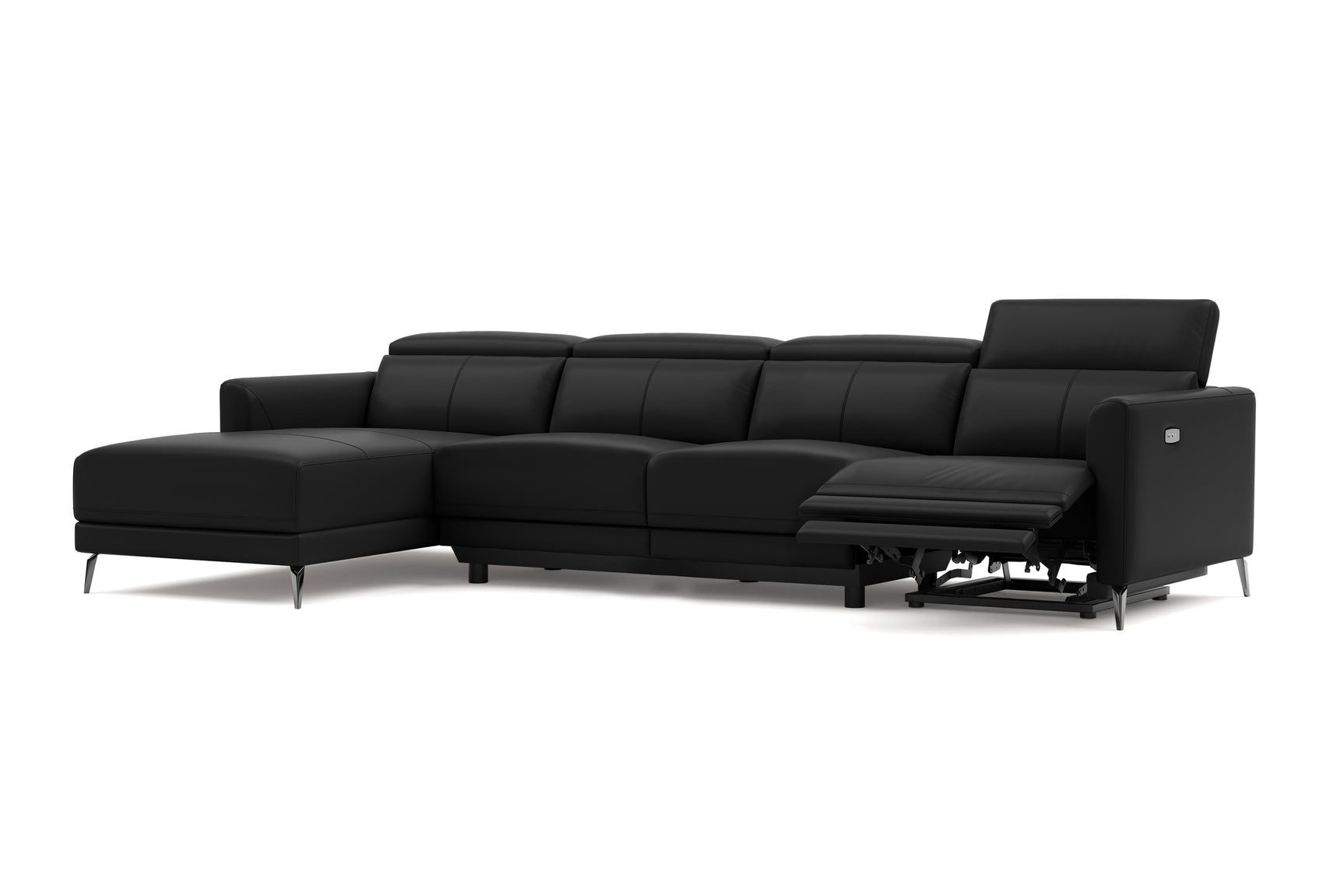 Valencia Andria Modern Top Grain Leather Reclining Sectional Four Seats with Left Chaise Sofa, Black Color