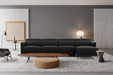 Valencia Andria Modern Top Grain Leather Reclining Sectional Four Seats with Right Chaise Sofa, Black Color