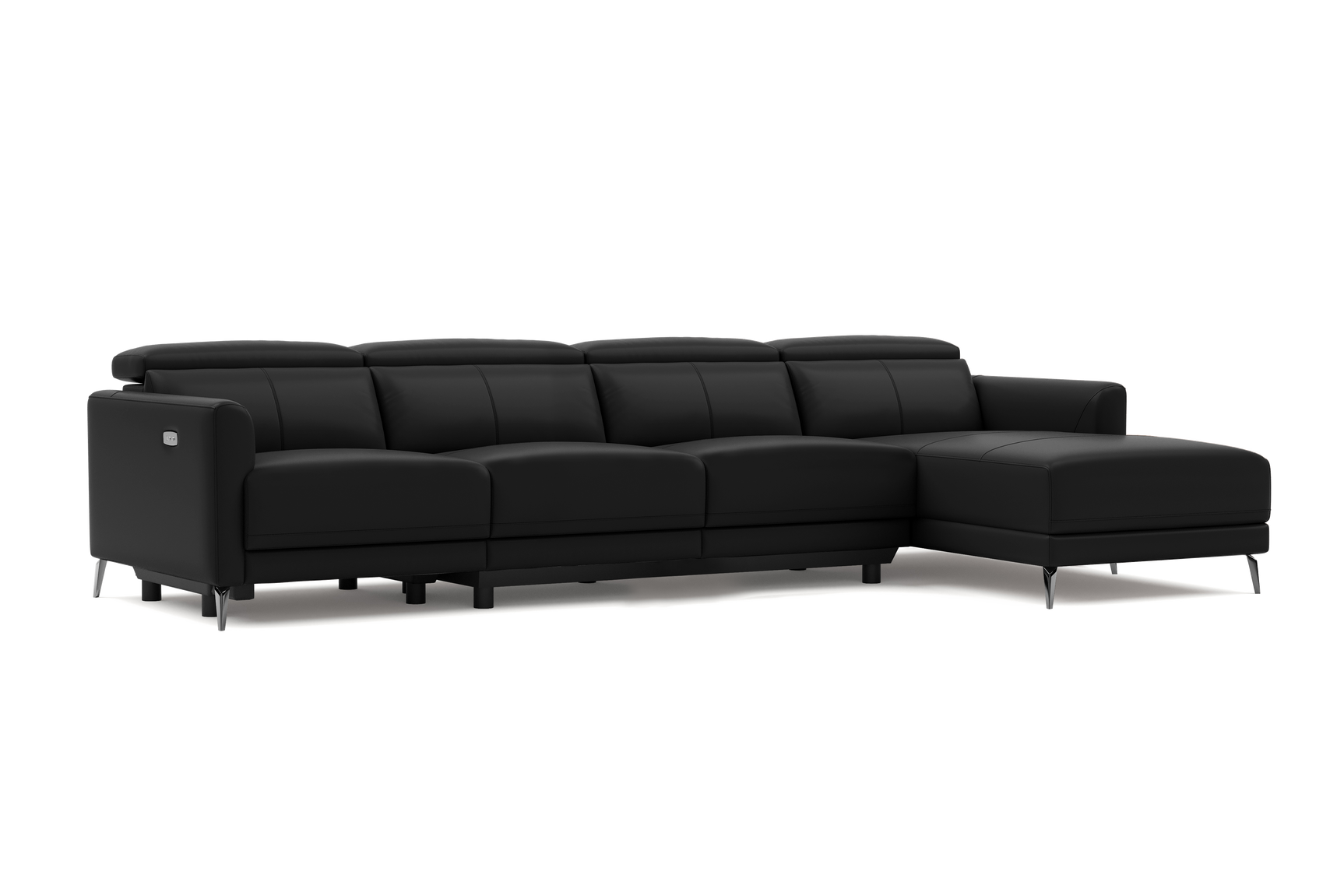 Valencia Andria Modern Top Grain Leather Reclining Sectional Four Seats with Right Chaise Sofa, Black Color