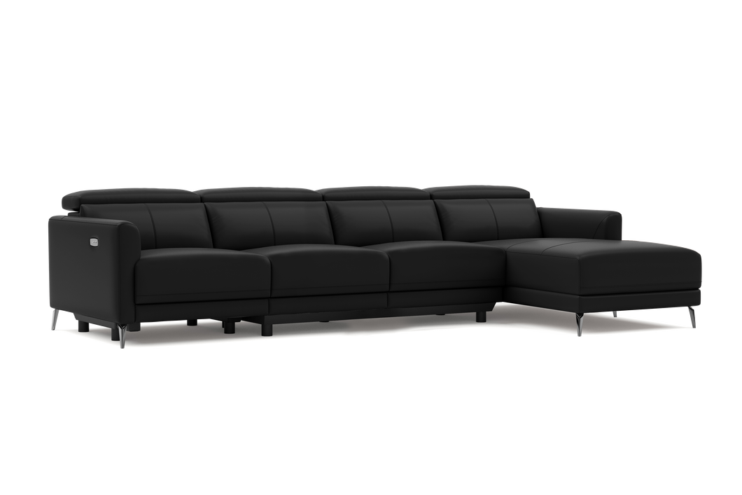 Valencia Andria Modern Top Grain Leather Reclining Sectional Four Seats with Right Chaise Sofa, Black Color
