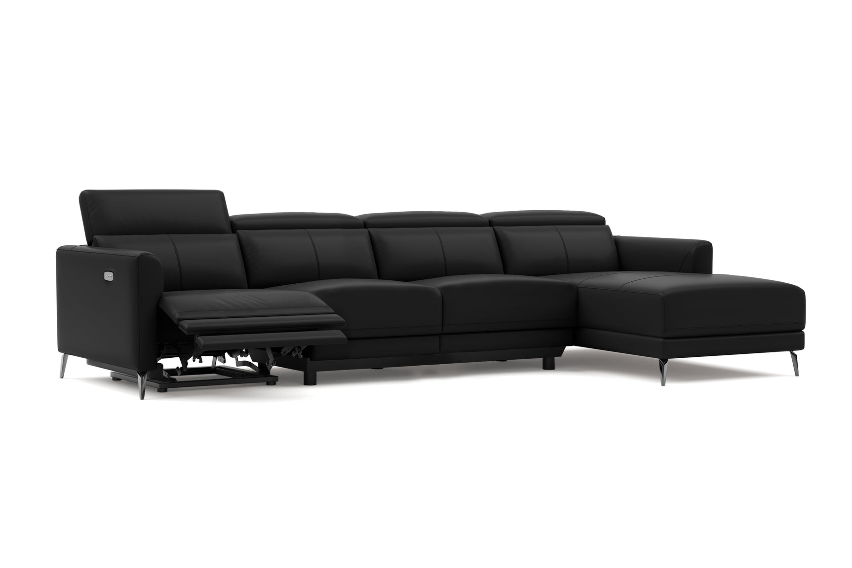 Valencia Andria Modern Top Grain Leather Reclining Sectional Four Seats with Right Chaise Sofa, Black Color