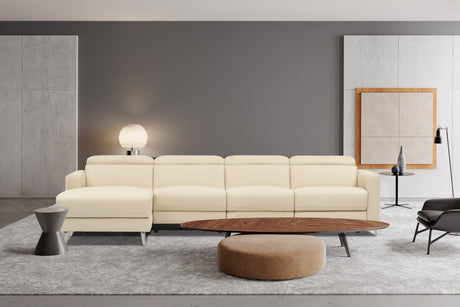 Valencia Andria Modern Top Grain Leather Reclining Sectional Four Seats with Left Chaise Sofa, Beige Color